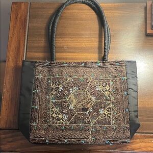 Artisan Embroidered Tote Bag in Brown and Black